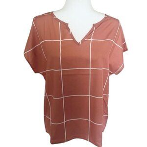 Peach Plaid Women Blouse _ Short Sleeve Shirt - Size M - Excellent condition